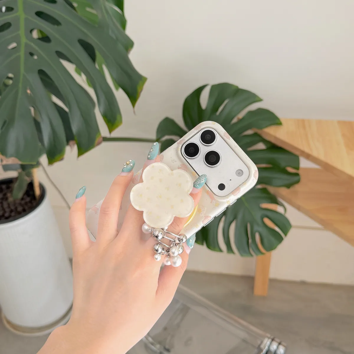 Cute Pastel Bunny Print Phone Case with Flower Grip for iPhone 17 16 15 Pro Max
