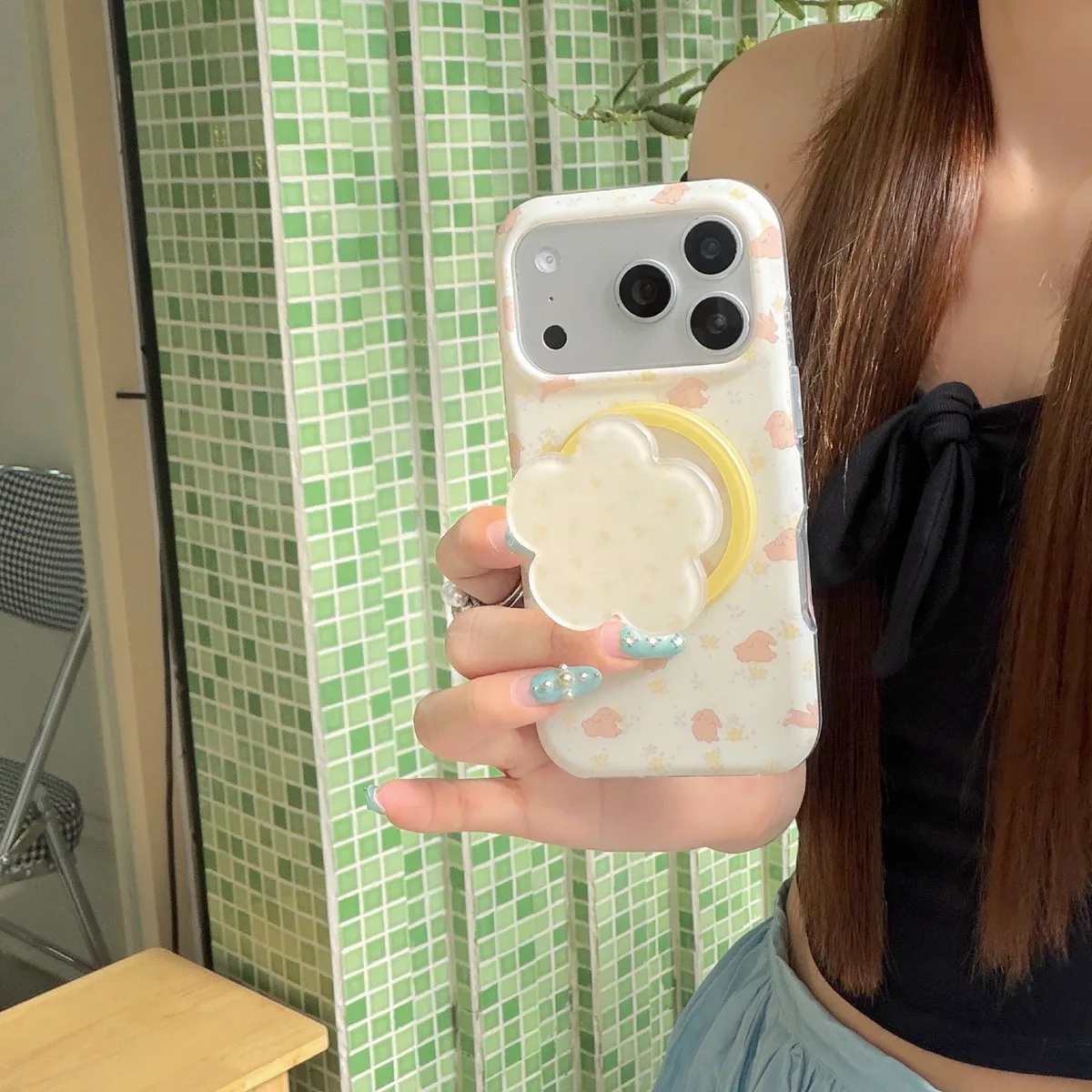 Cute Pastel Bunny Print Phone Case with Flower Grip for iPhone 17 16 15 Pro Max