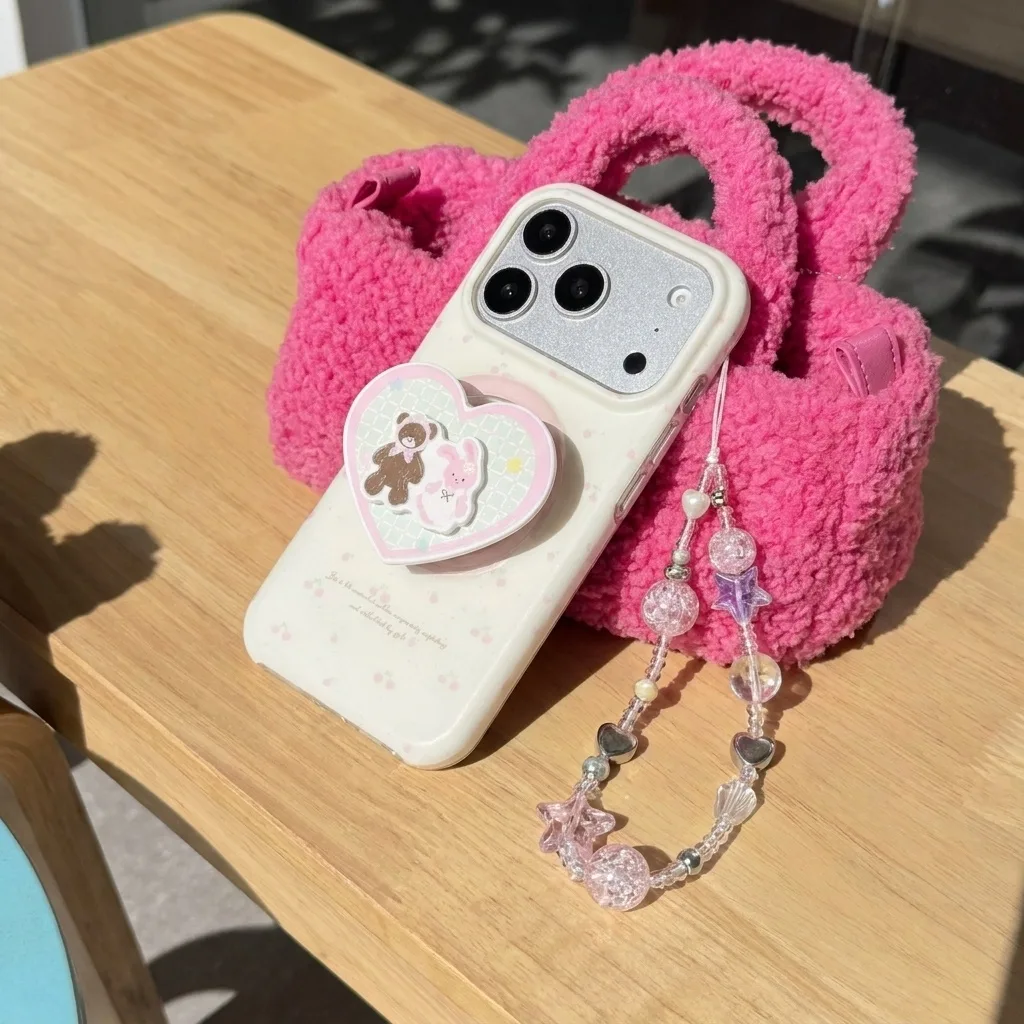 Cute pastel heart phone case with beaded strap and character charm for iPhone 17 16 15 Pro Max