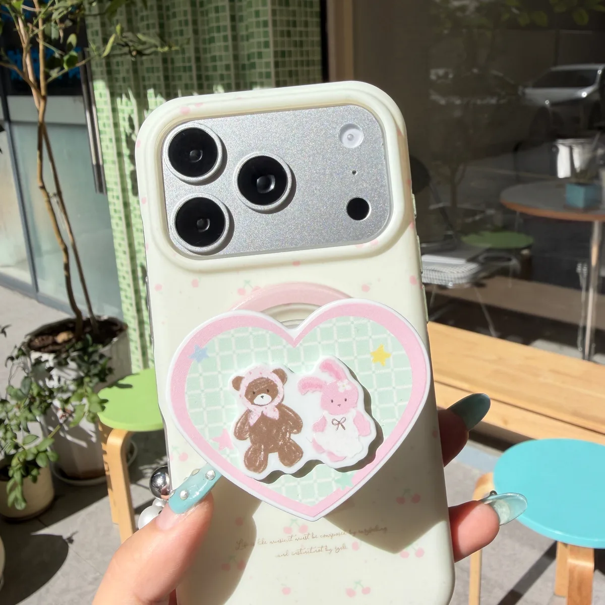Cute pastel heart phone case with beaded strap and character charm for iPhone 17 16 15 Pro Max