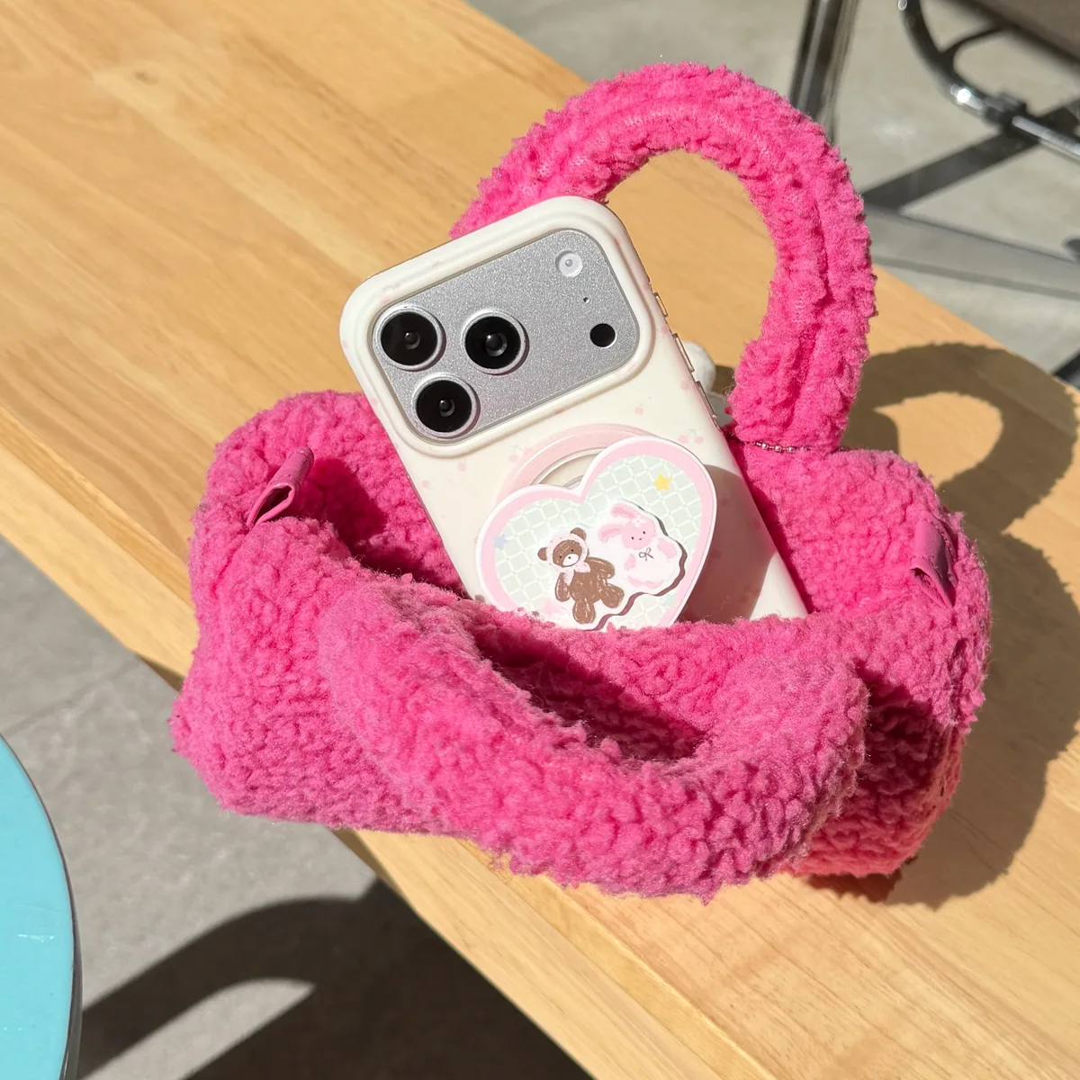 Cute pastel heart phone case with beaded strap and character charm for iPhone 17 16 15 Pro Max