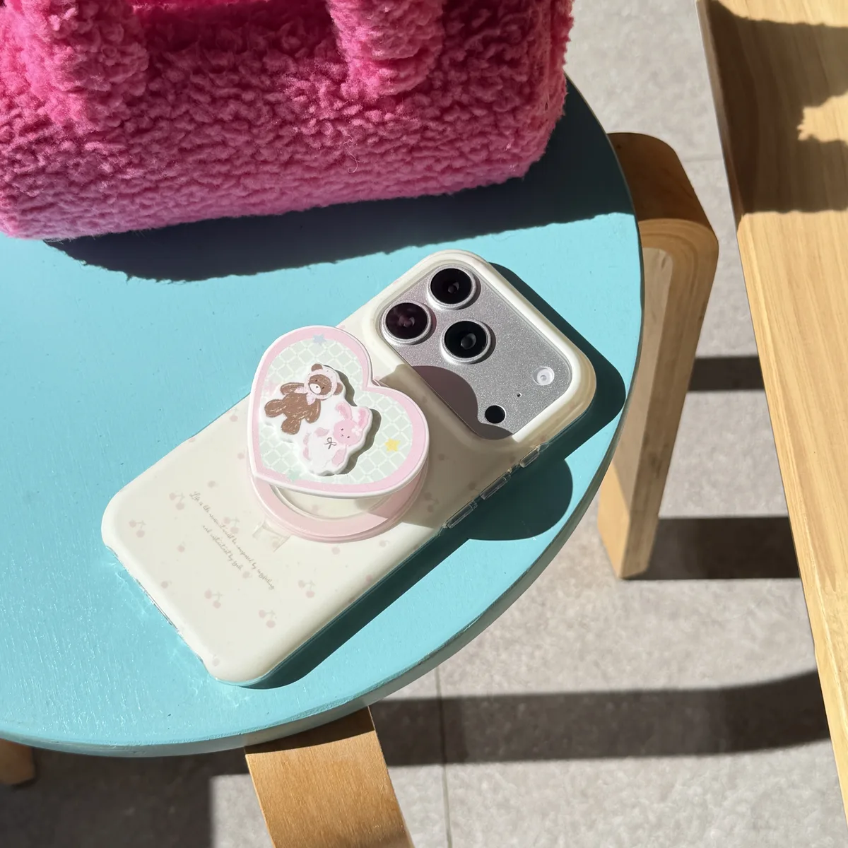 Cute pastel heart phone case with beaded strap and character charm for iPhone 17 16 15 Pro Max