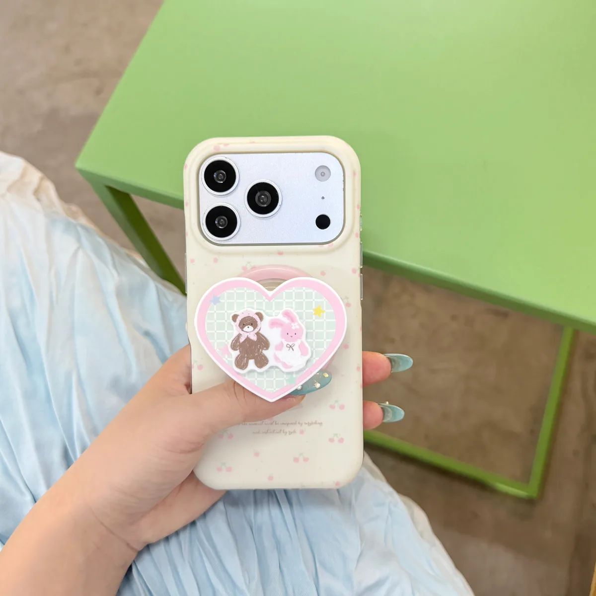 Cute pastel heart phone case with beaded strap and character charm for iPhone 17 16 15 Pro Max