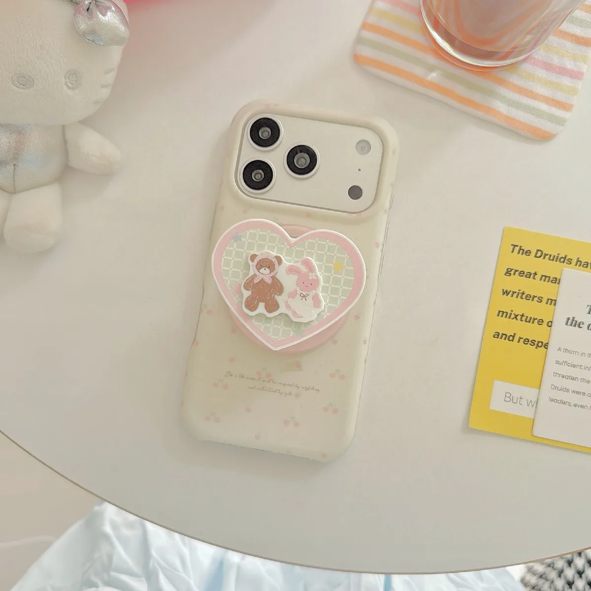 Cute pastel heart phone case with beaded strap and character charm for iPhone 17 16 15 Pro Max
