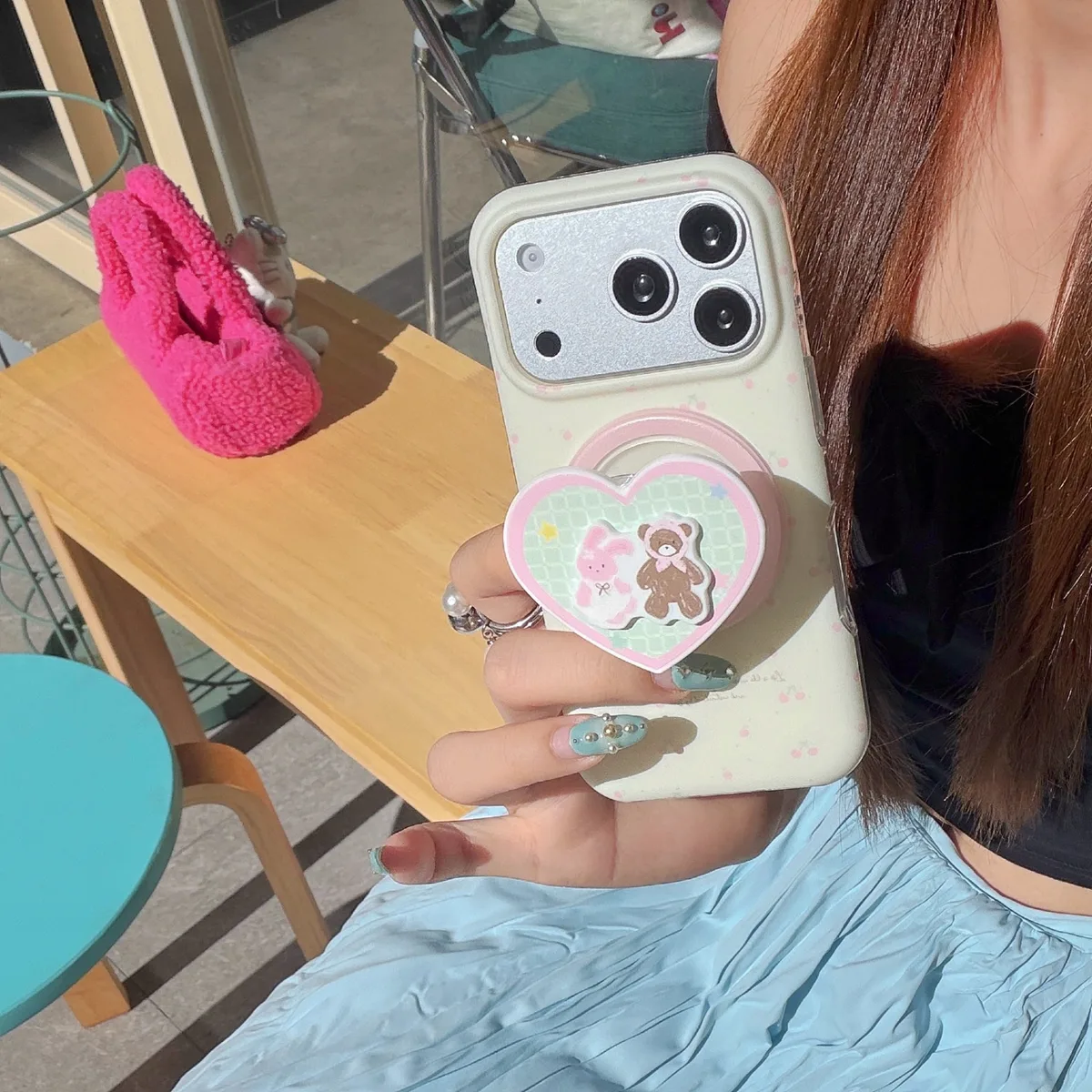 Cute pastel heart phone case with beaded strap and character charm for iPhone 17 16 15 Pro Max