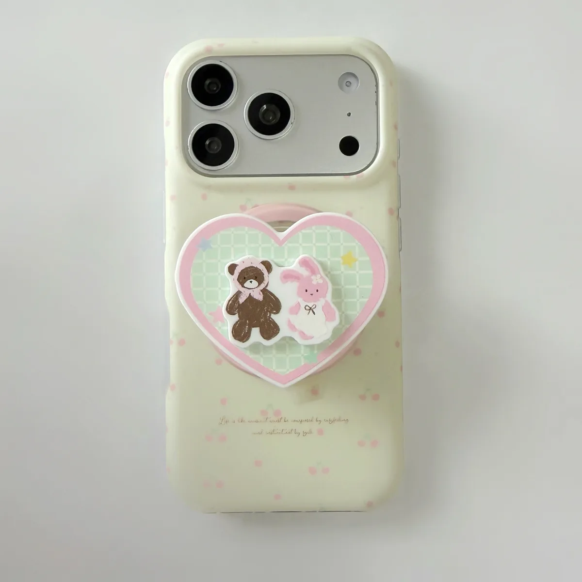 Cute pastel heart phone case with beaded strap and character charm for iPhone 17 16 15 Pro Max