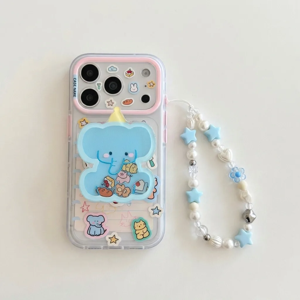 Clear pastel phone case with blue elephant charm and beaded wrist strap