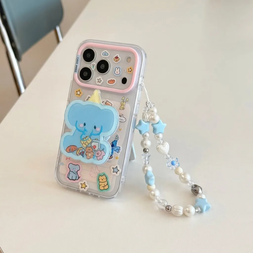 Clear pastel phone case with blue elephant charm and beaded wrist strap for iPhone 17 16 15 Pro Max