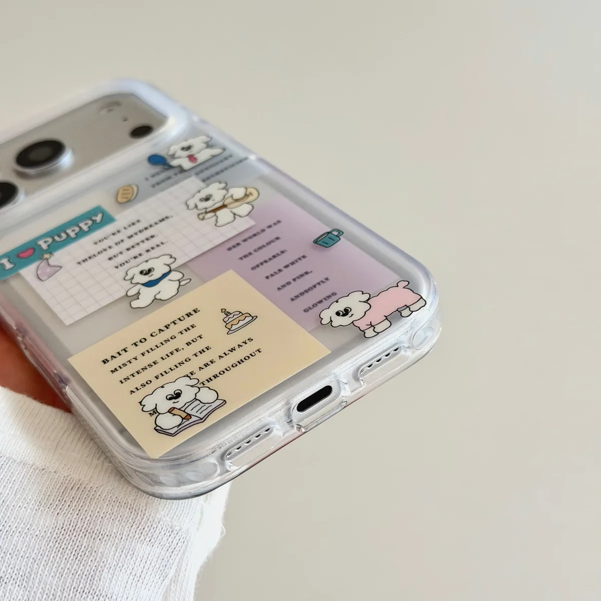 Cute Puffy Bear Clear Phone Case with Cartoon Sticker Style for iPhone 17 16 15 Pro Max