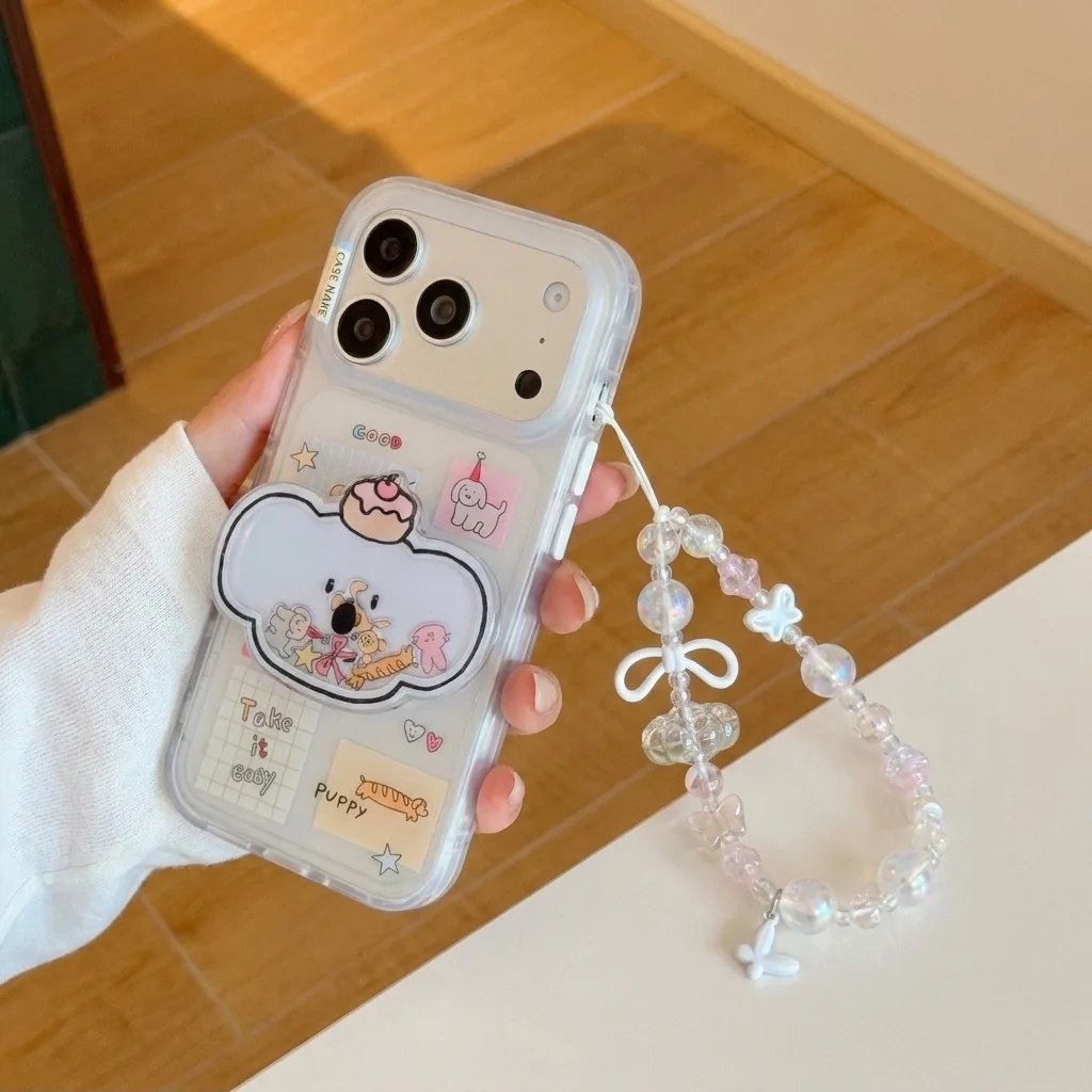 Clear phone case with a cute bear design and pastel beaded charm strap