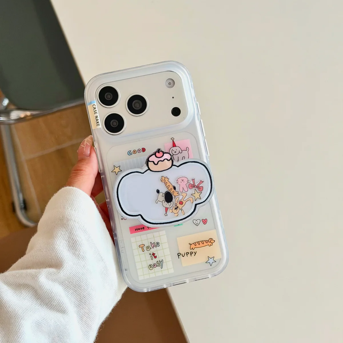 Cute clear bear phone case with beaded charm strap and playful sticker style for iPhone 17 16 15 Pro Max