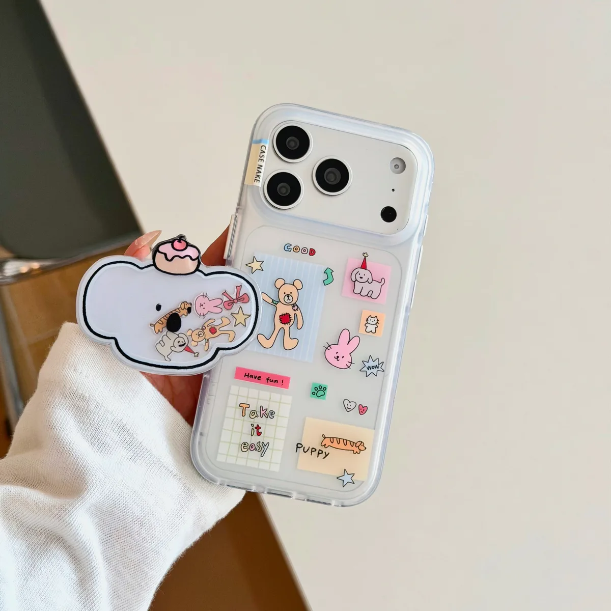 Cute clear bear phone case with beaded charm strap and playful sticker style for iPhone 17 16 15 Pro Max