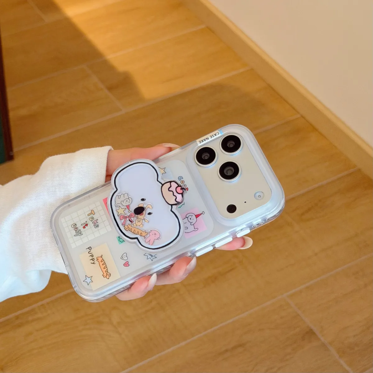 Cute clear bear phone case with beaded charm strap and playful sticker style for iPhone 17 16 15 Pro Max
