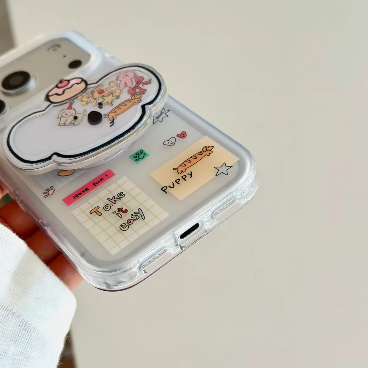 Cute clear bear phone case with beaded charm strap and playful sticker style for iPhone 17 16 15 Pro Max