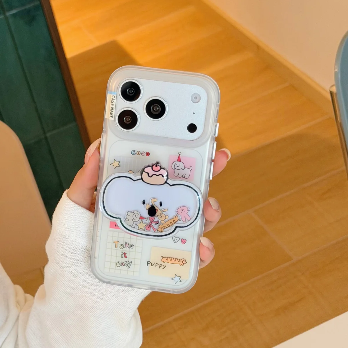 Cute clear bear phone case with beaded charm strap and playful sticker style for iPhone 17 16 15 Pro Max