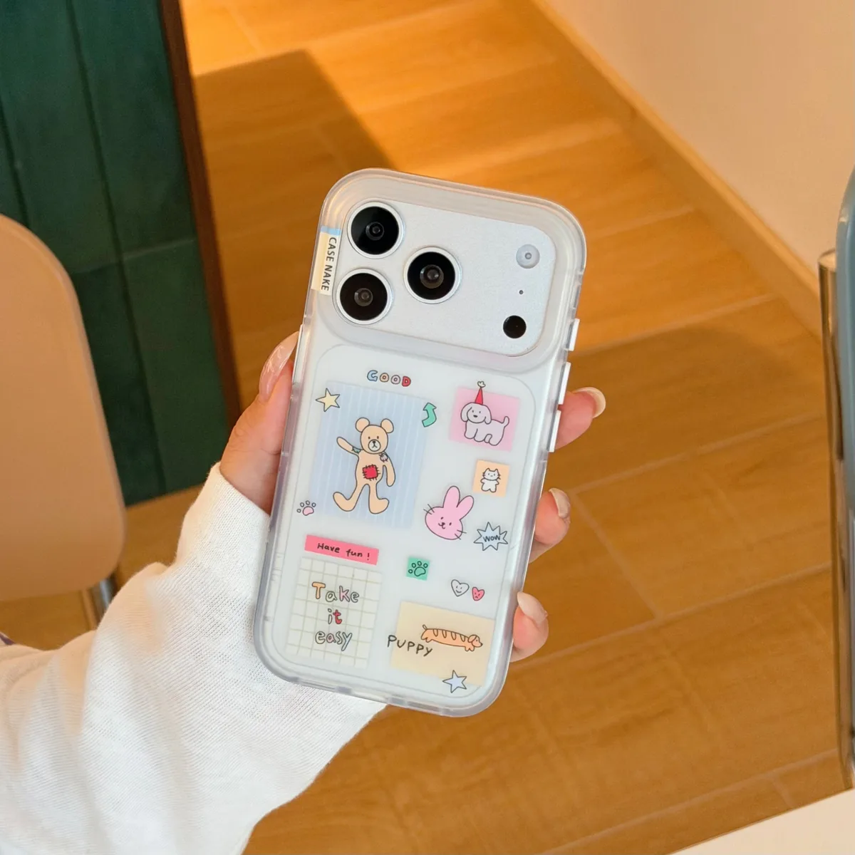 Cute clear bear phone case with beaded charm strap and playful sticker style for iPhone 17 16 15 Pro Max