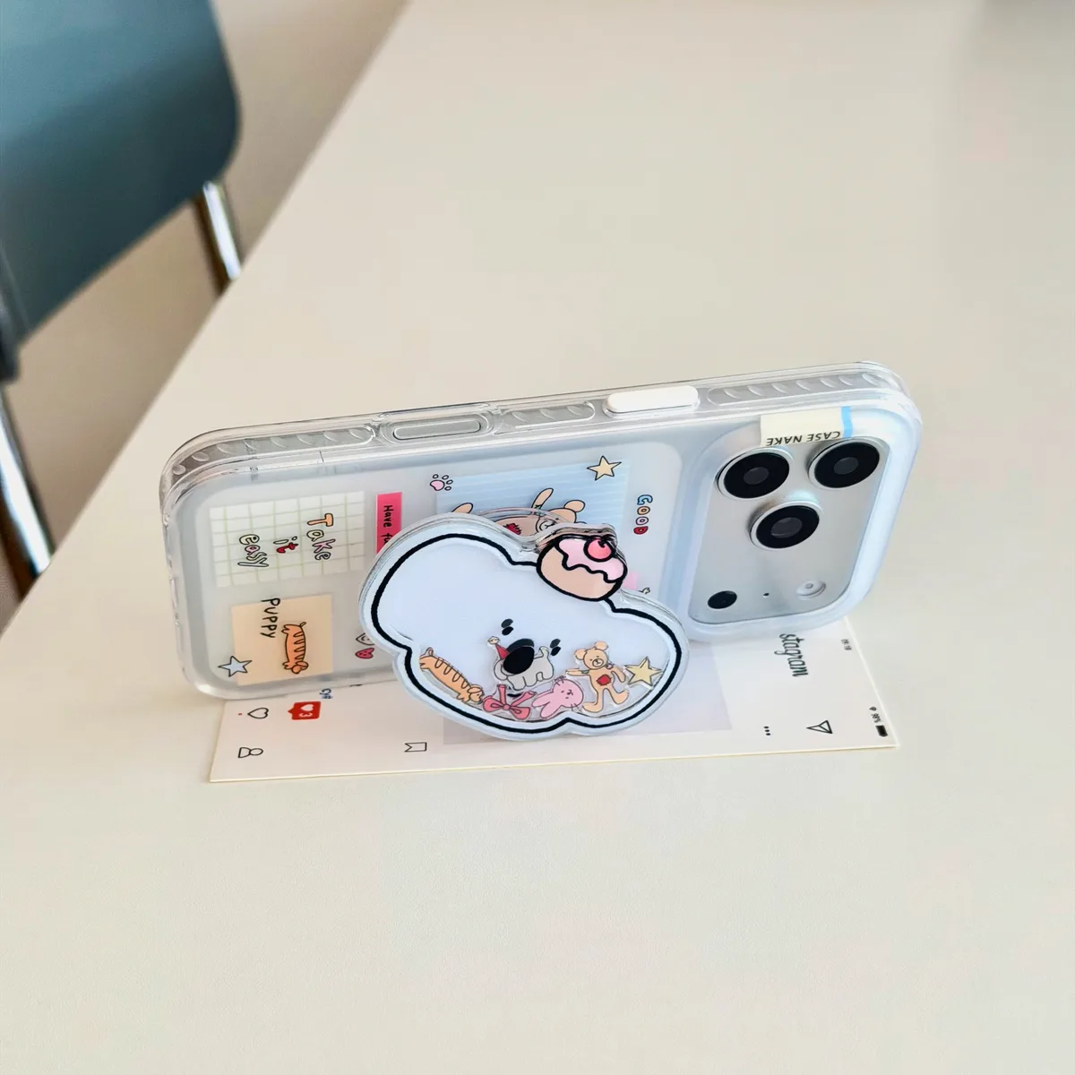 Cute clear bear phone case with beaded charm strap and playful sticker style for iPhone 17 16 15 Pro Max