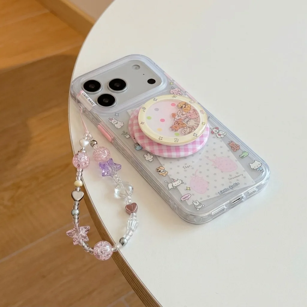 Clear Miffy phone case with pink gingham magnetic card holder and beaded strap