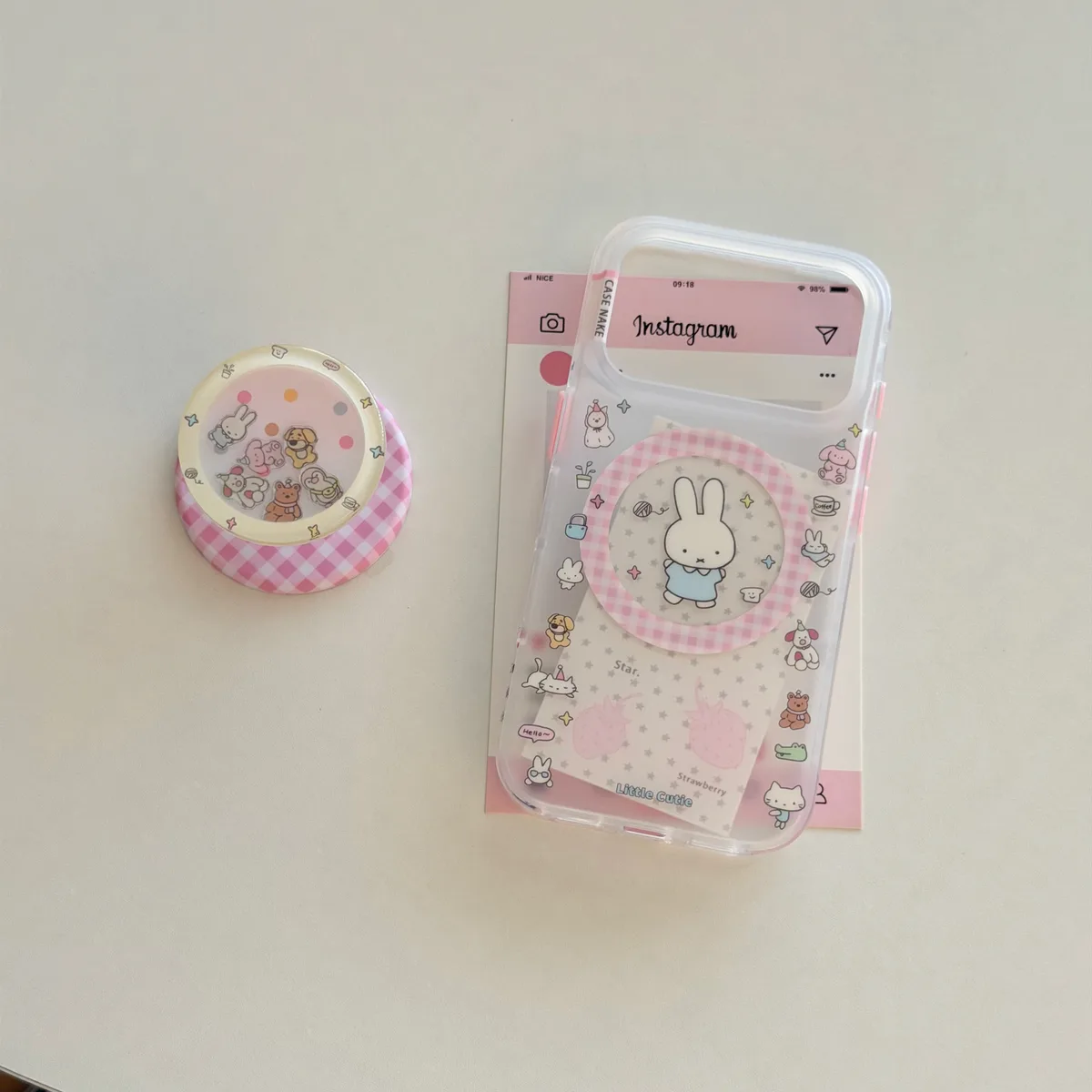 Miffy Clear Kawaii Phone Case with Pink Gingham Mag Card Holder for iPhone 17 16 15 Pro Max — MagSafe
