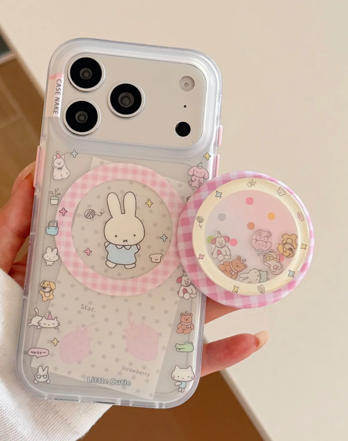 Miffy Clear Kawaii Phone Case with Pink Gingham Mag Card Holder for iPhone 17 16 15 Pro Max — MagSafe