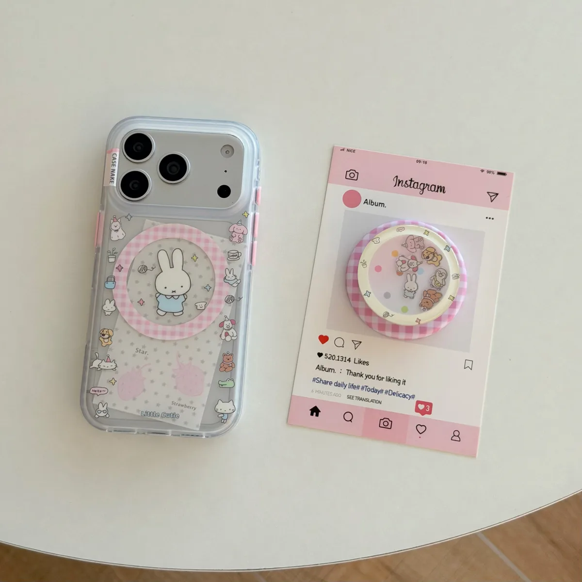 Miffy Clear Kawaii Phone Case with Pink Gingham Mag Card Holder for iPhone 17 16 15 Pro Max — MagSafe