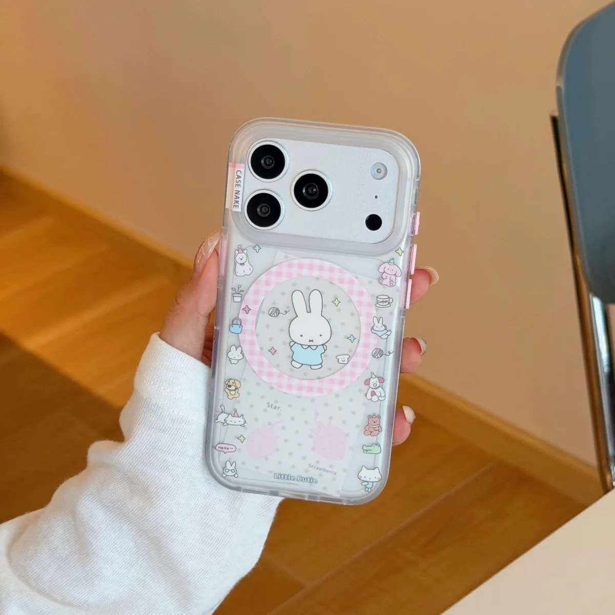 Miffy Clear Kawaii Phone Case with Pink Gingham Mag Card Holder for iPhone 17 16 15 Pro Max — MagSafe