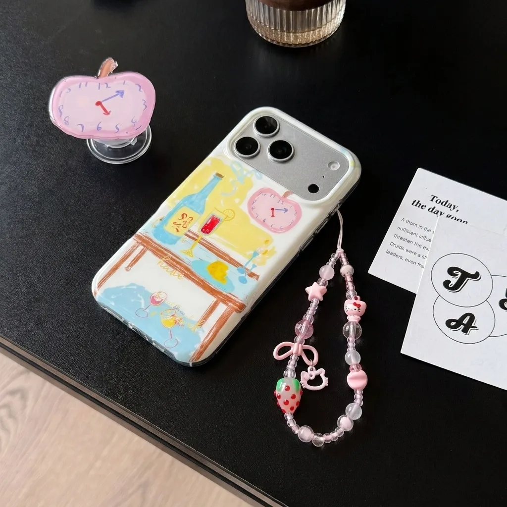 Pastel Apple Table Art Phone Case with Beaded Charm Strap for iPhone 17 16 15 Pro Max
