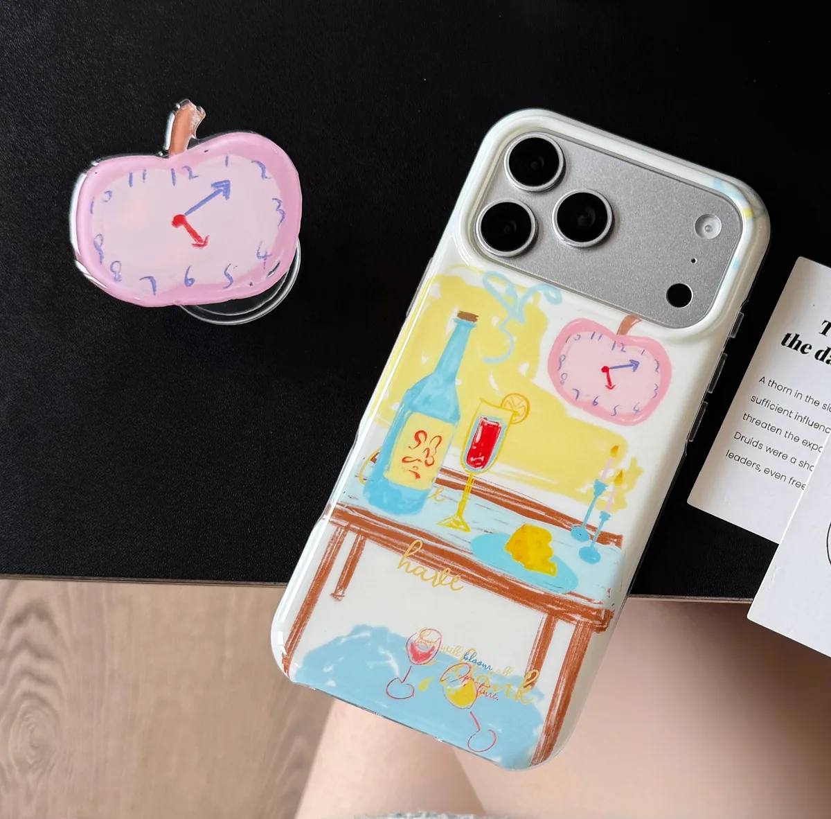 Pastel Apple Table Art Phone Case with Beaded Charm Strap for iPhone 17 16 15 Pro Max
