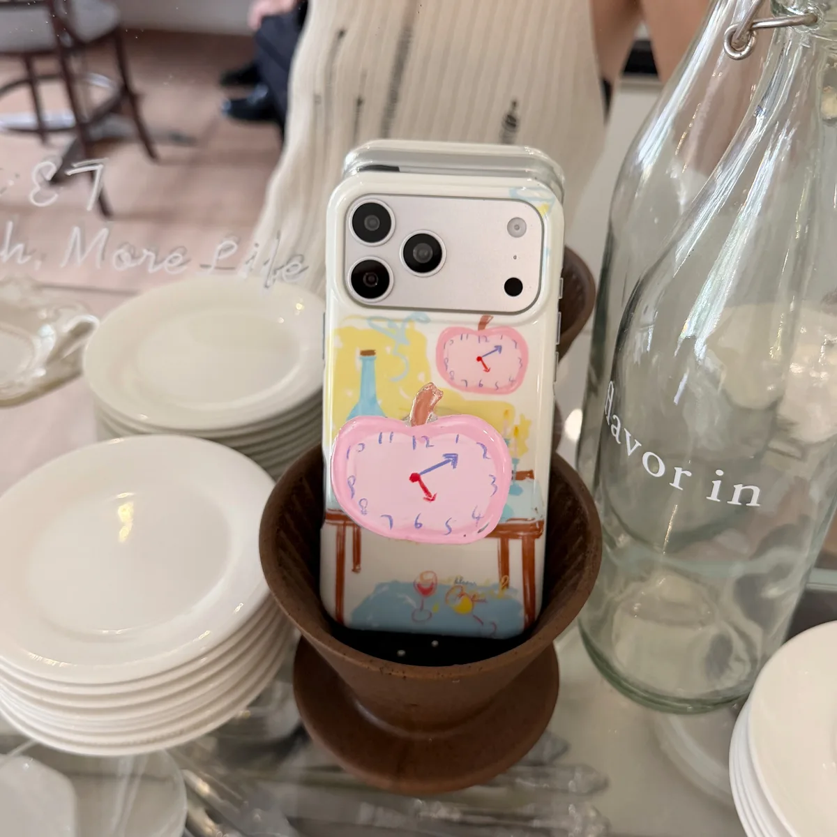 Pastel Apple Table Art Phone Case with Beaded Charm Strap for iPhone 17 16 15 Pro Max