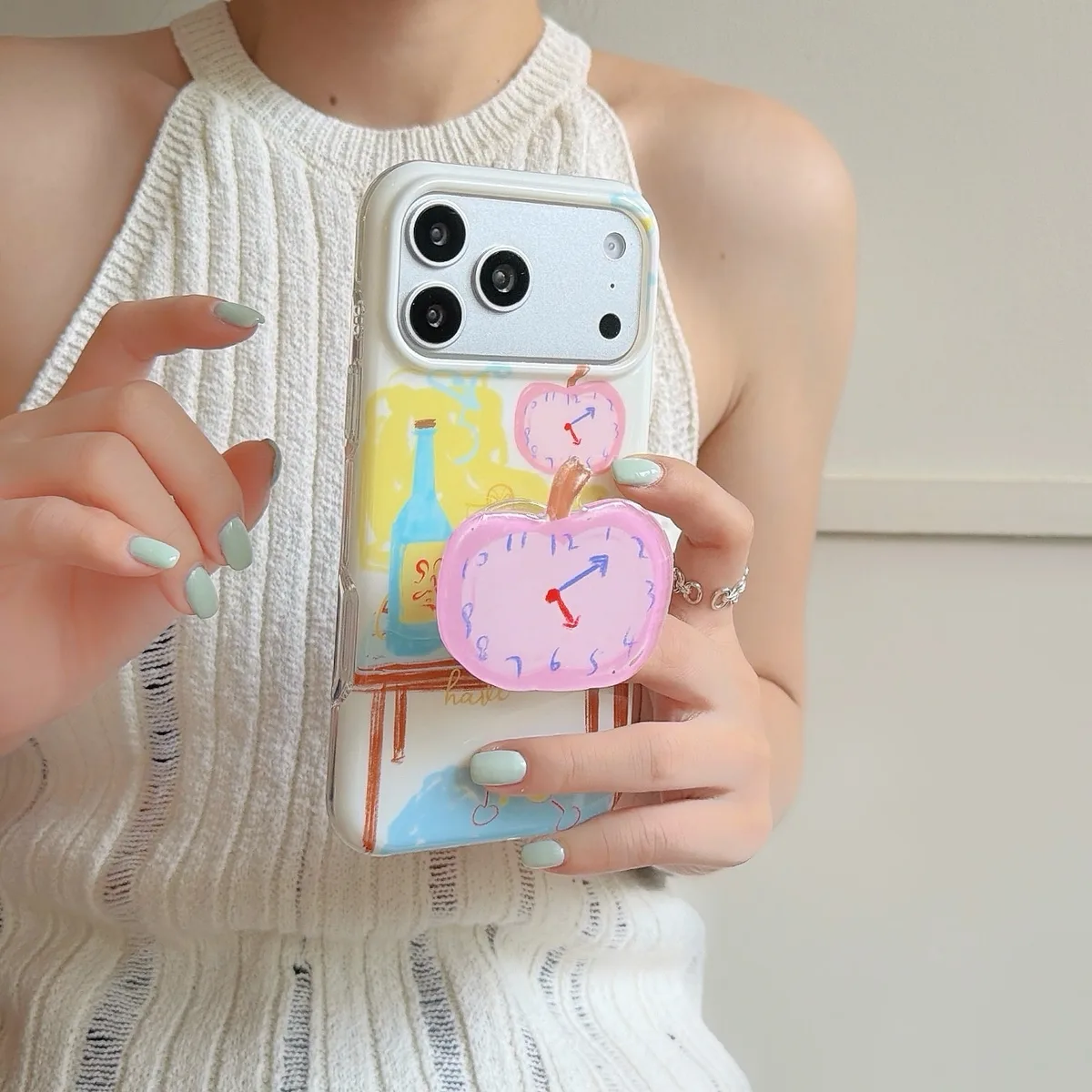 Pastel Apple Table Art Phone Case with Beaded Charm Strap for iPhone 17 16 15 Pro Max