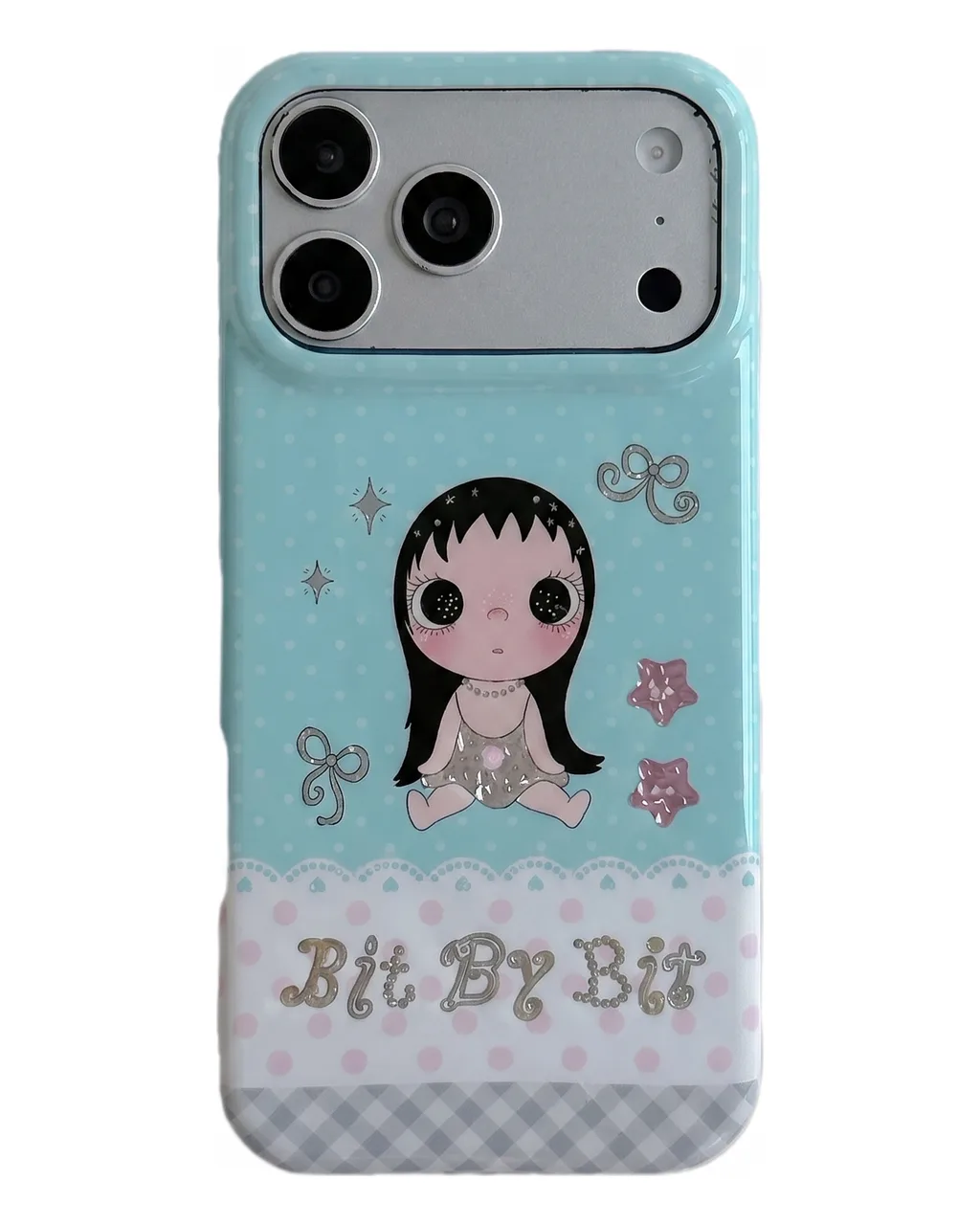 Kawaii Bit By Bit phone case with cute doll print and pastel blue design for iPhone 17 16 15 Pro Max