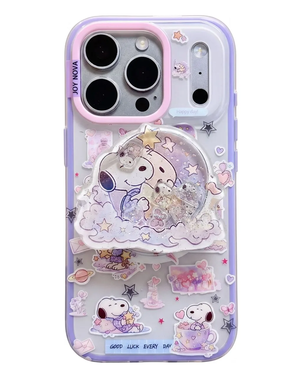 Kawaii Snoopy Clear Phone Case with Glitter Pop Grip for iPhone 17 16 15 14 13 Pro Max — MagSafe