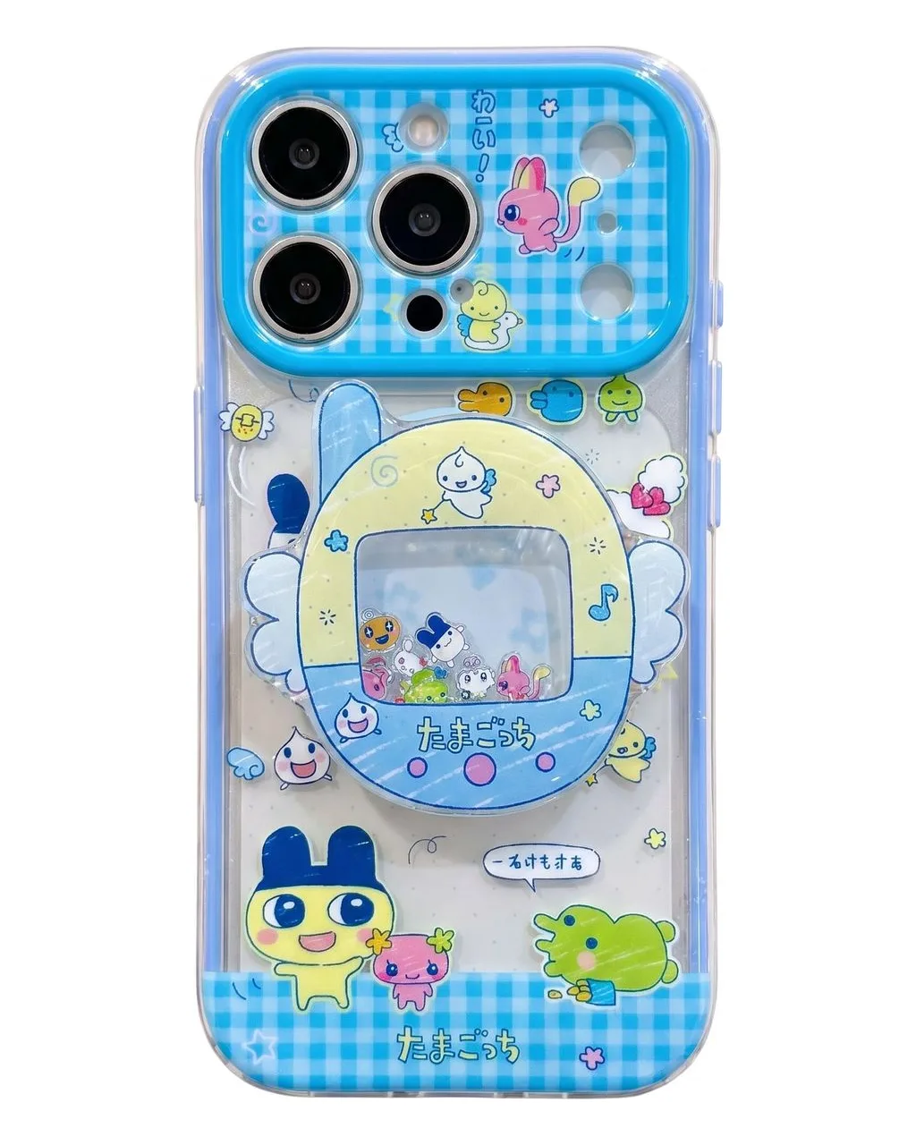 Kawaii Tamagotchi Blue Gingham Clear Phone Case for iPhone 17 16 15 14 13 Pro Max — MagSafe