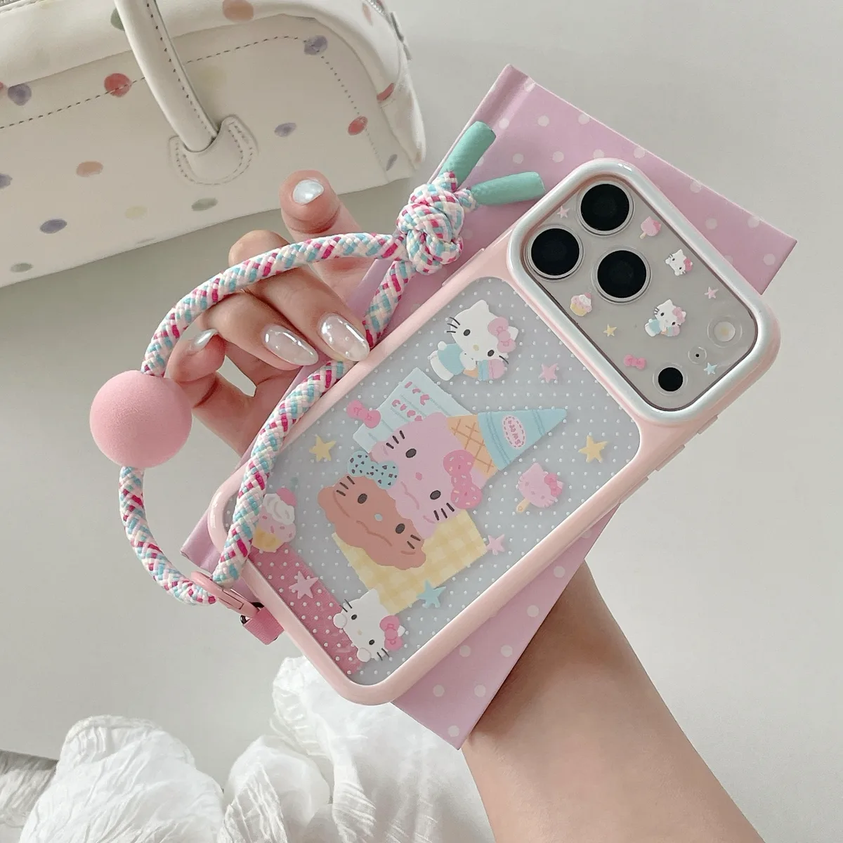 Hello Kitty Pastel Ice Cream Phone Case with Braided Wrist Strap for iPhone 17 16 15 Pro Max