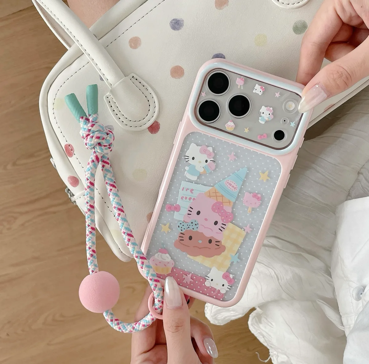 Hello Kitty Pastel Ice Cream Phone Case with Braided Wrist Strap for iPhone 17 16 15 Pro Max