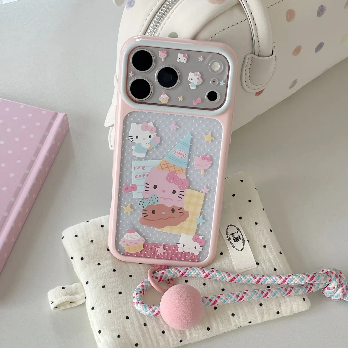 Hello Kitty Pastel Ice Cream Phone Case with Braided Wrist Strap for iPhone 17 16 15 Pro Max