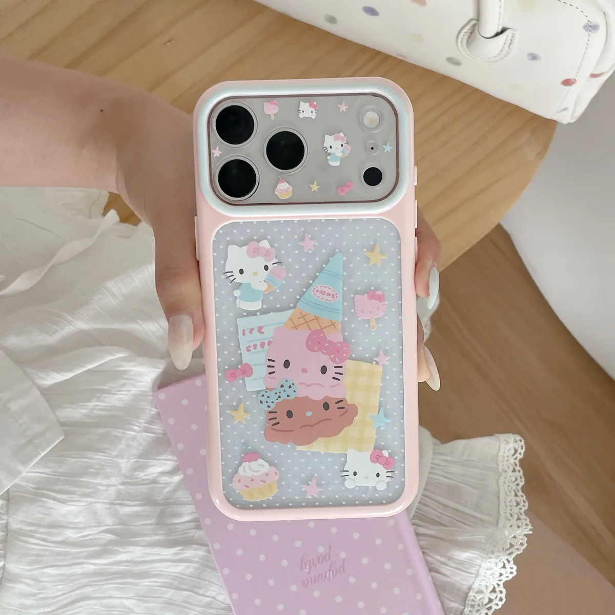 Hello Kitty Pastel Ice Cream Phone Case with Braided Wrist Strap for iPhone 17 16 15 Pro Max