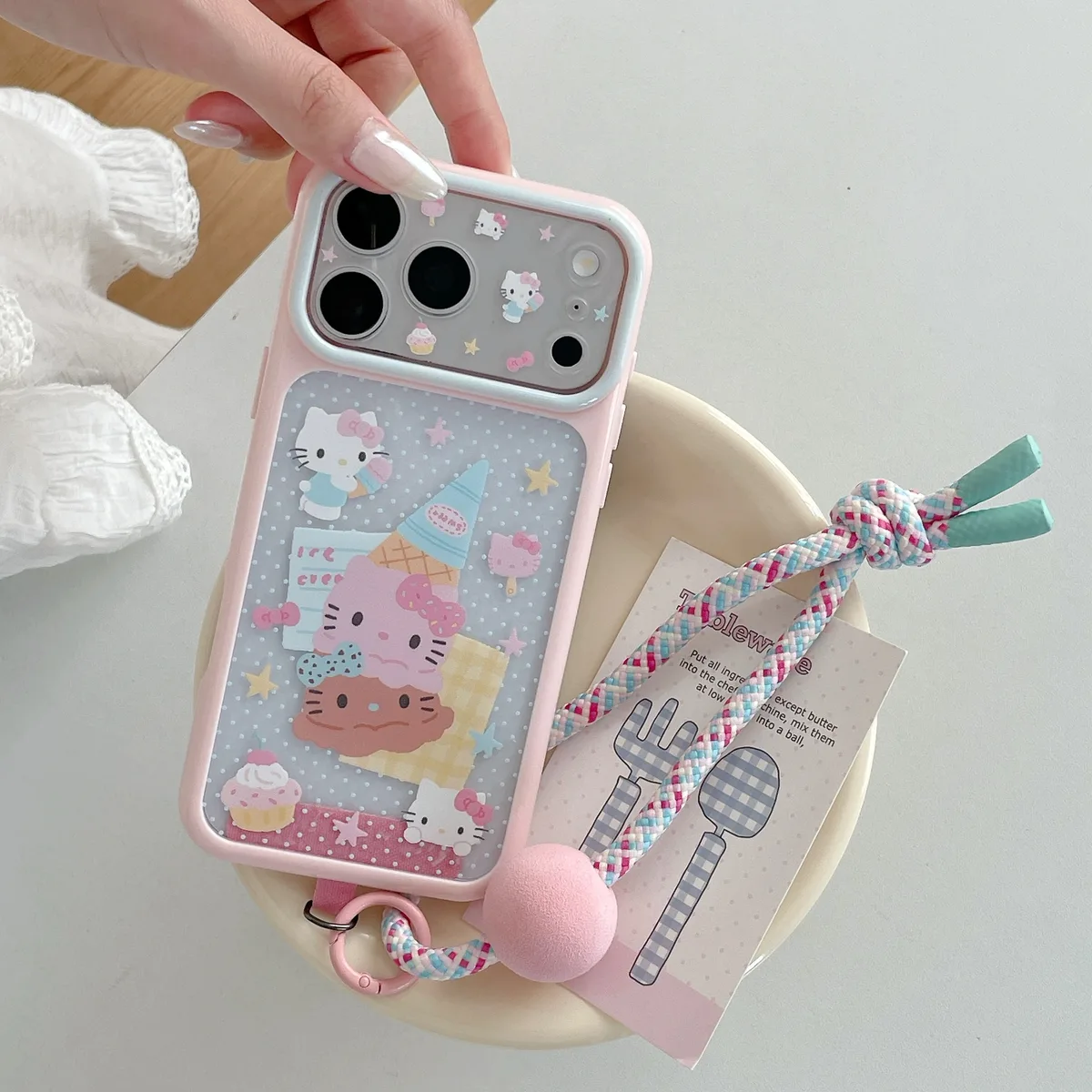 Hello Kitty Pastel Ice Cream Phone Case with Braided Wrist Strap for iPhone 17 16 15 Pro Max