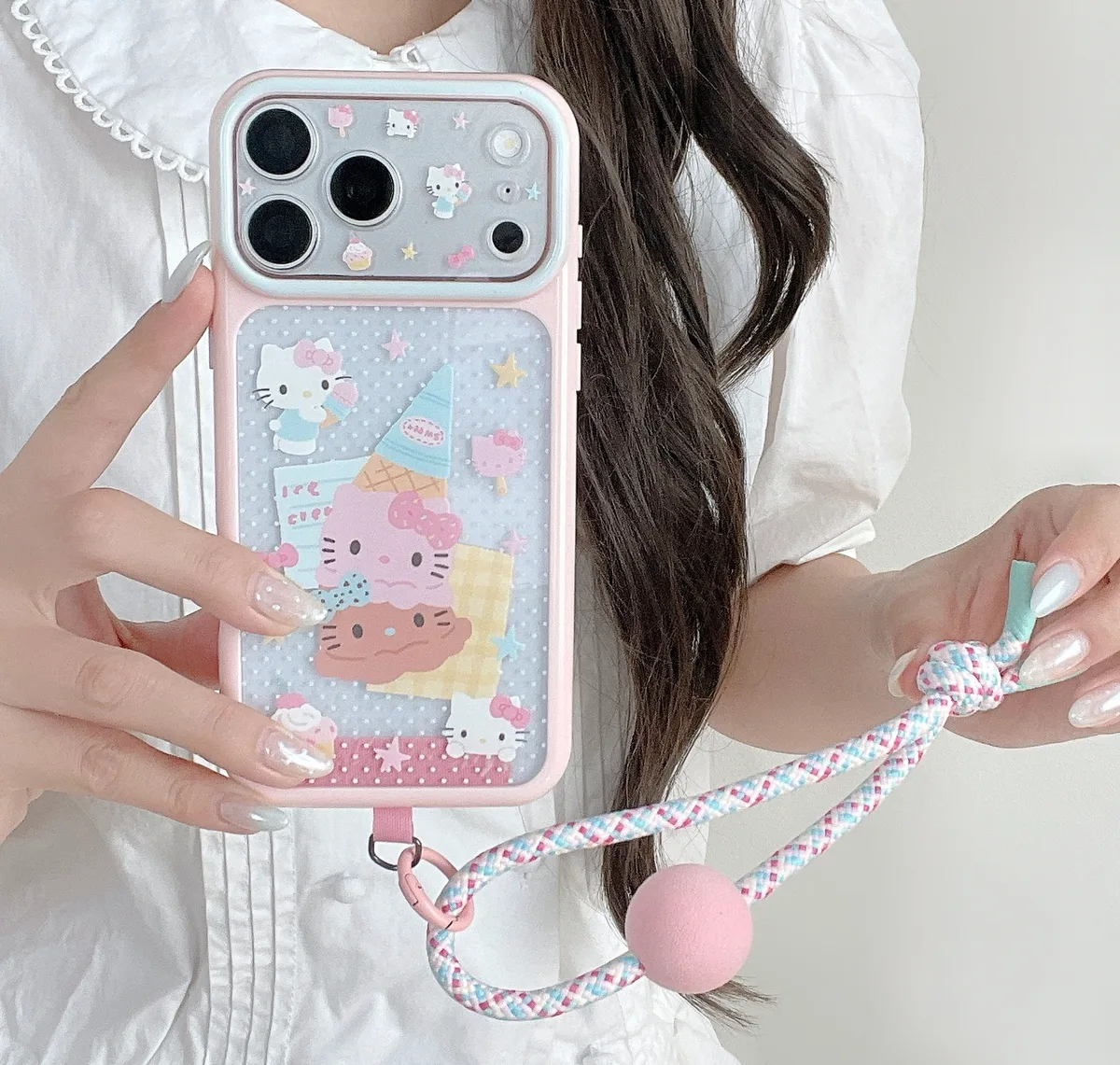 Hello Kitty Pastel Ice Cream Phone Case with Braided Wrist Strap for iPhone 17 16 15 Pro Max