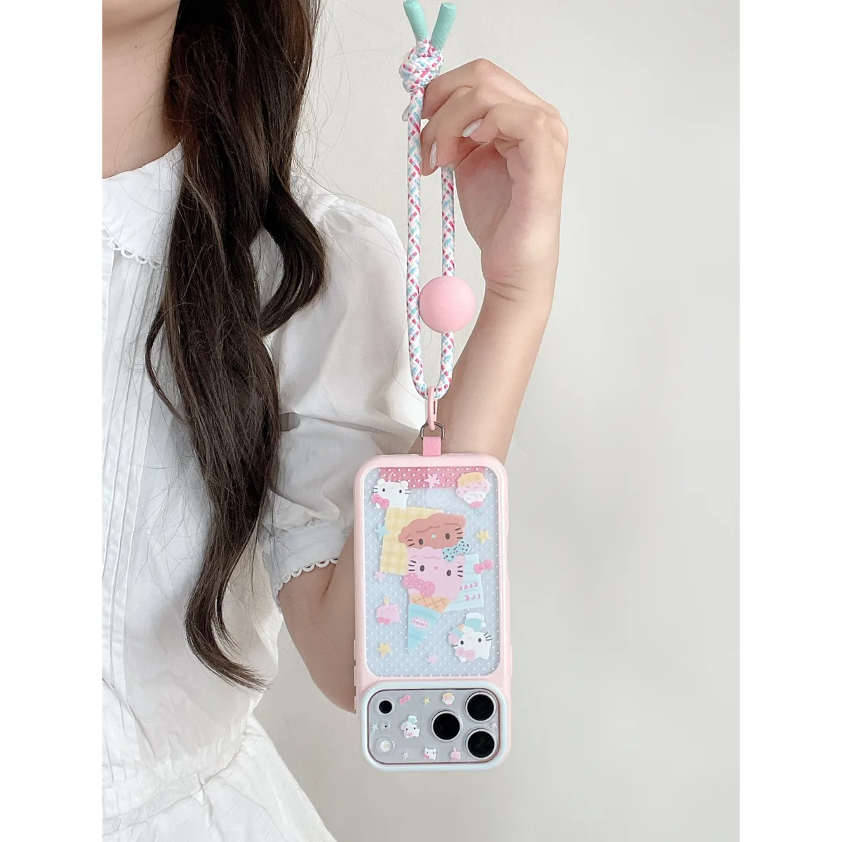 Hello Kitty Pastel Ice Cream Phone Case with Braided Wrist Strap for iPhone 17 16 15 Pro Max