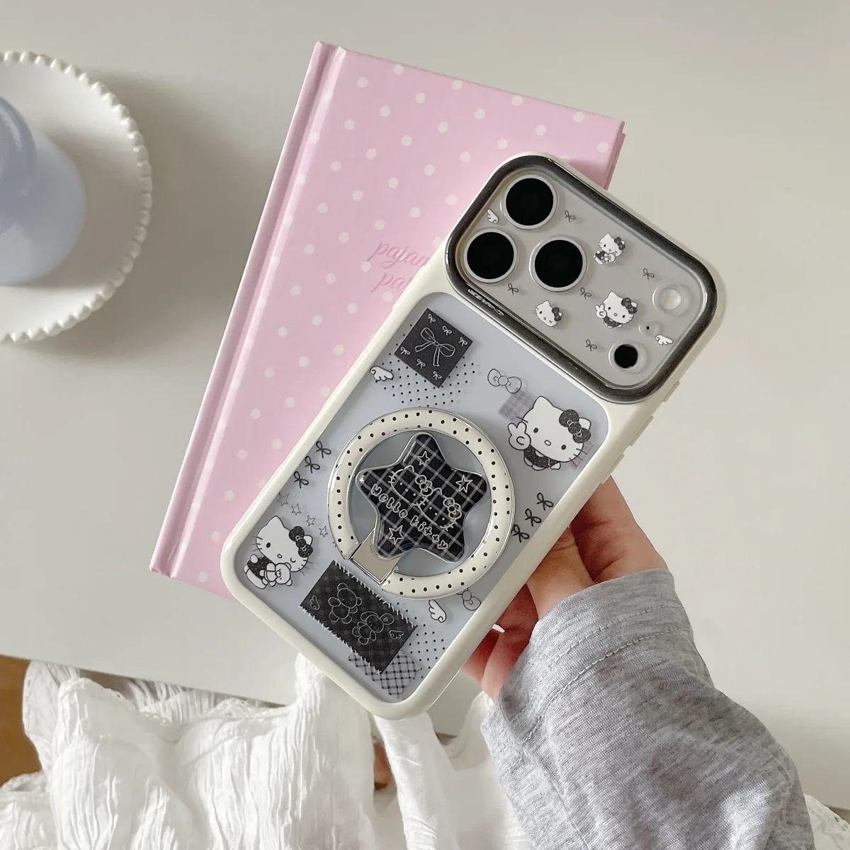 Hello Kitty Clear White with Black Bow Motif Phone Case for iPhone 17 16 15 Pro Max