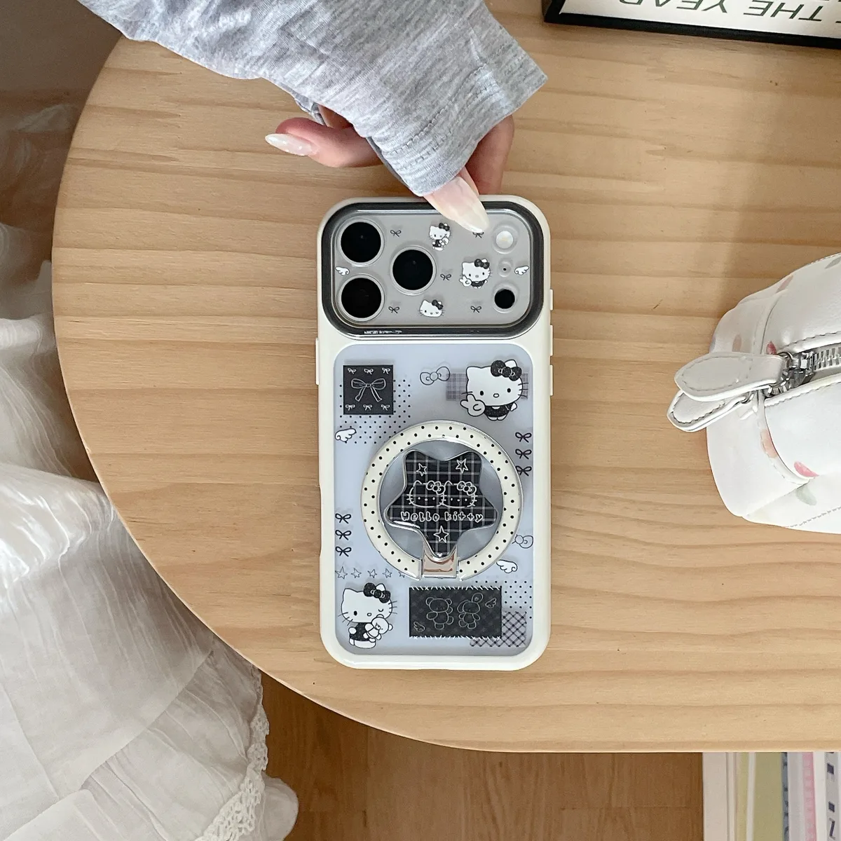 Hello Kitty Clear White with Black Bow Motif Phone Case for iPhone 17 16 15 Pro Max