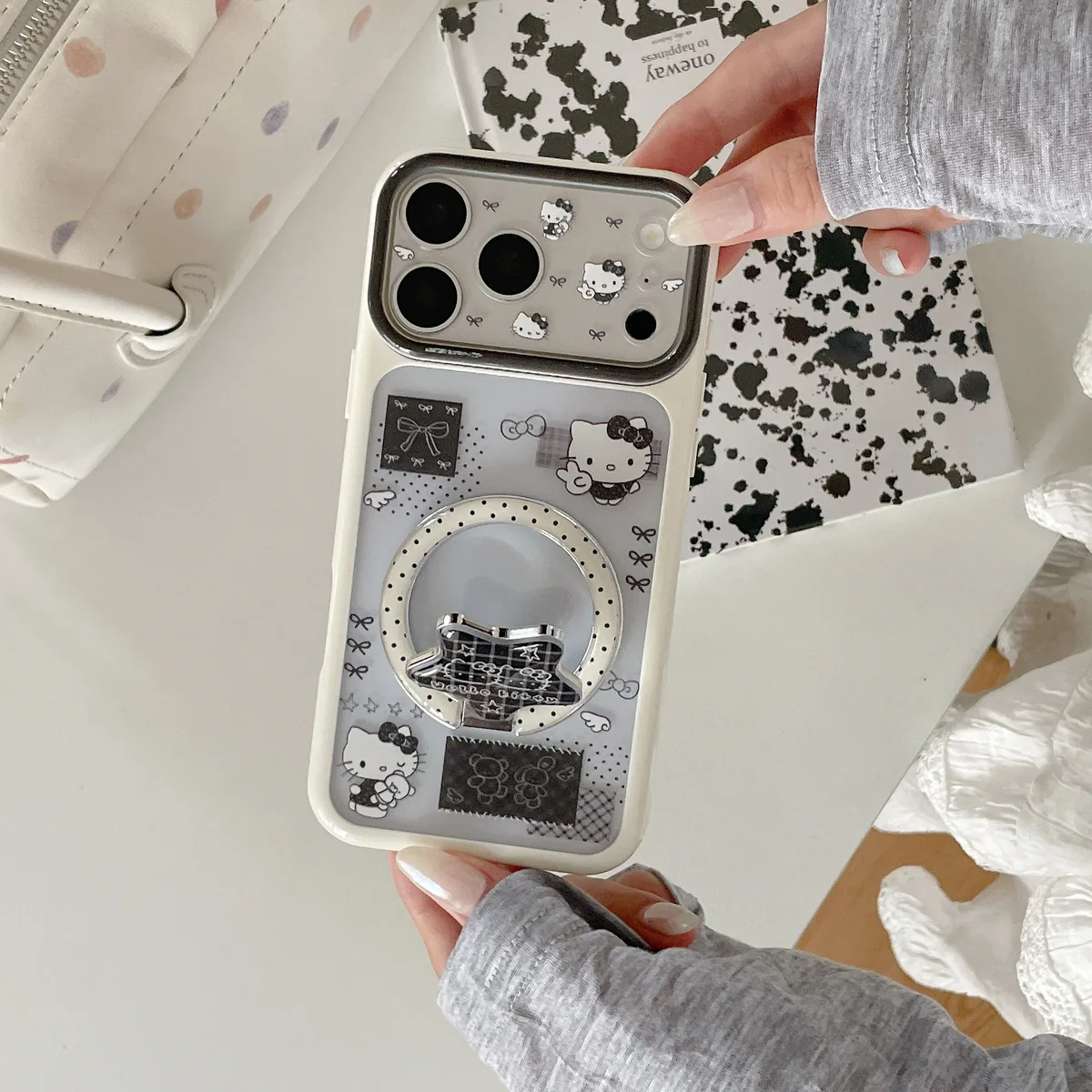 Hello Kitty Clear White with Black Bow Motif Phone Case for iPhone 17 16 15 Pro Max