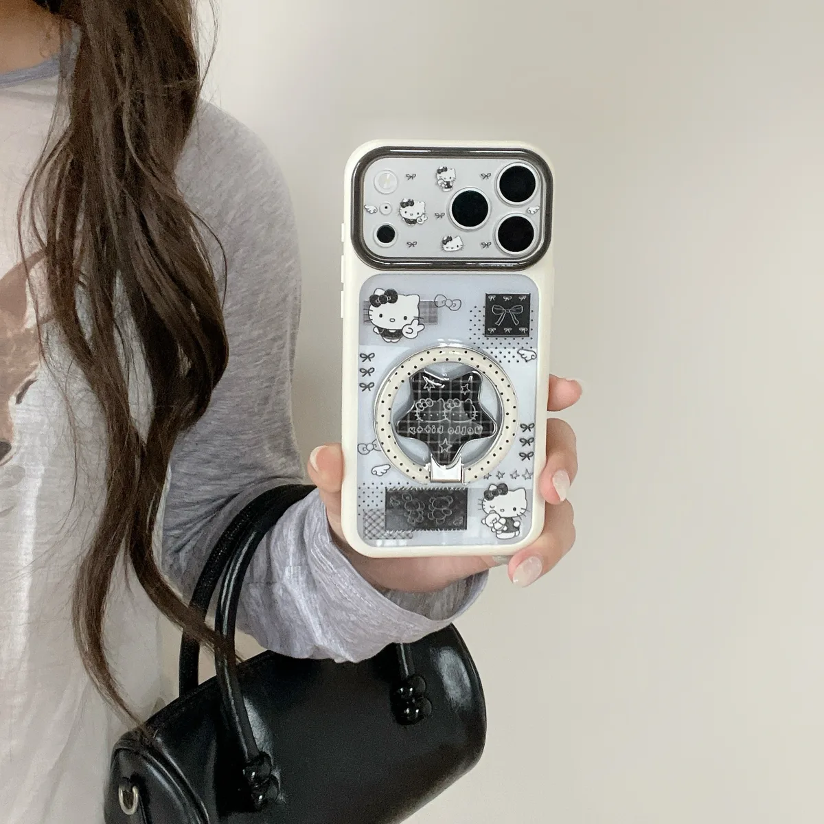 Hello Kitty Clear White with Black Bow Motif Phone Case for iPhone 17 16 15 Pro Max