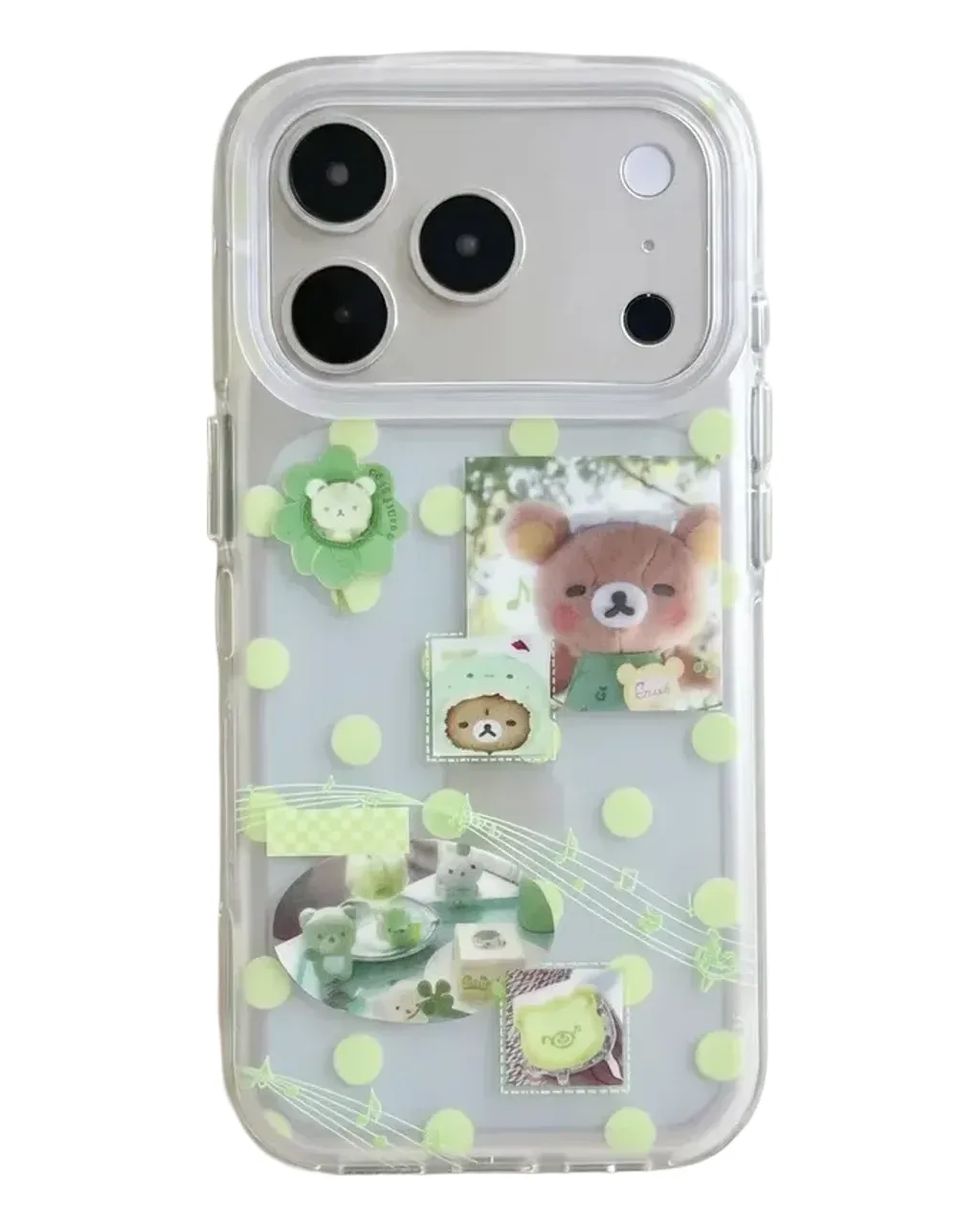 Green Polka Dot Bear & Music Notes Phone Case for iPhone 17 16 15 Pro Max