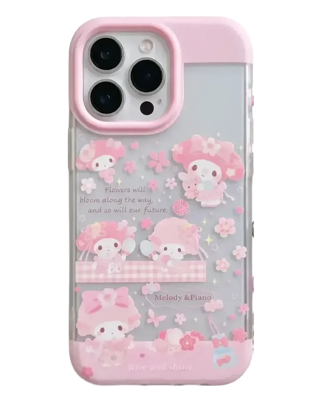 A clear iPhone case with pink border and Melody & Piano design, featuring a beaded strap with hearts and pearls, held