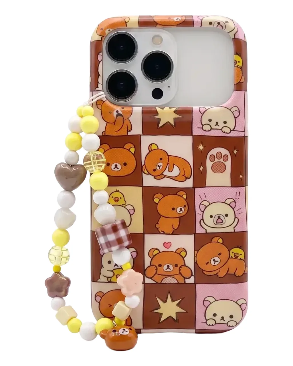 Rilakkuma Patchwork Phone Case with Beaded Strap for iPhone 17 16 15 Pro Max