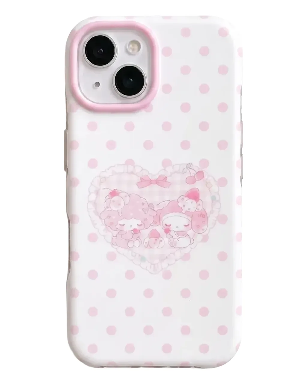 White iPhone case with pink polka dots and My Melody characters, placed on a pink pouch
