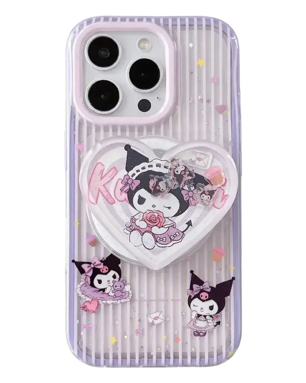 A purple and clear phone case with a heart-shaped pop socket and Kuromi design, shown with a beaded strap.