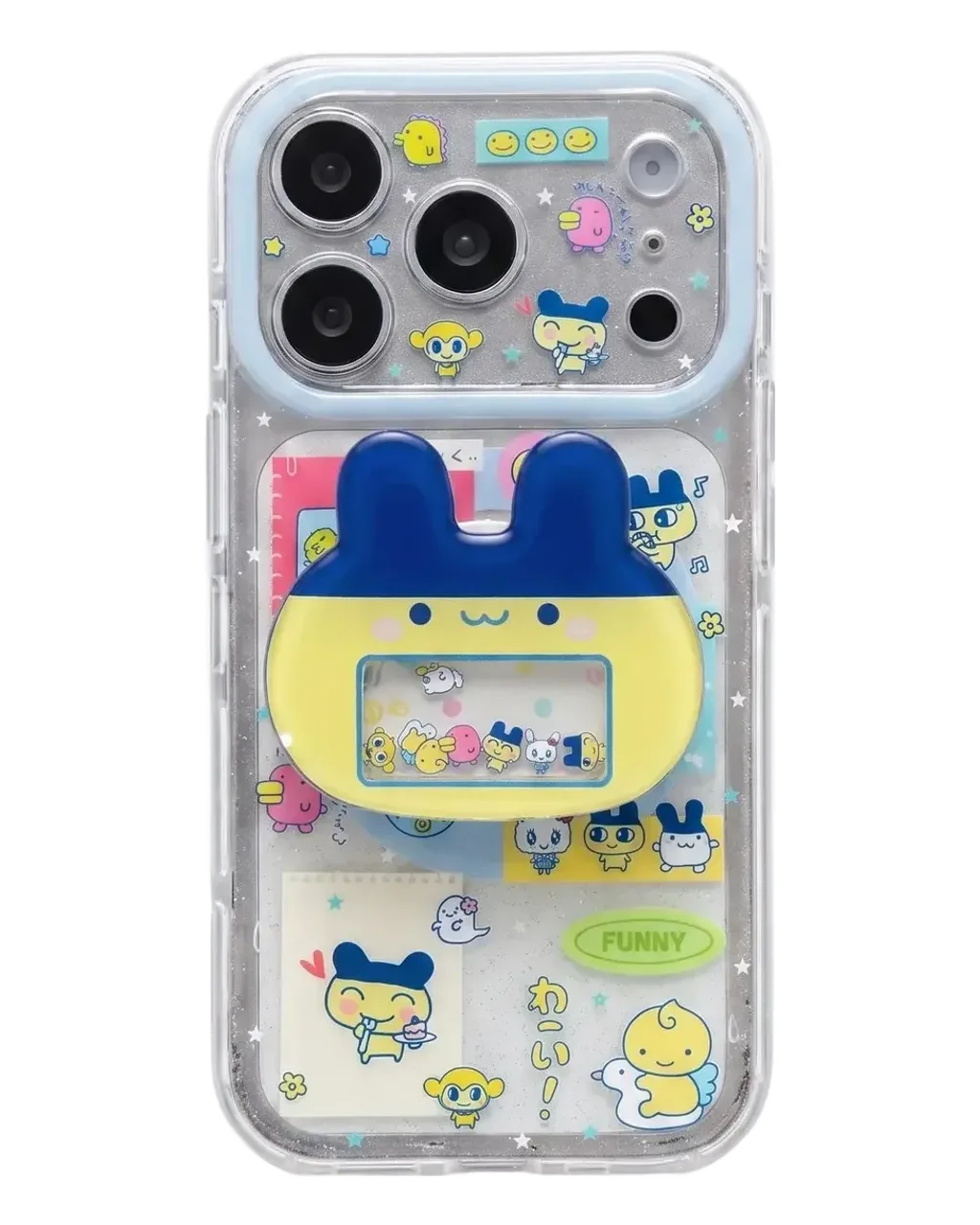 Tamagotchi Clear Charm Phone Case with Bunny Pop Grip for iPhone 17 16 15 Pro Max